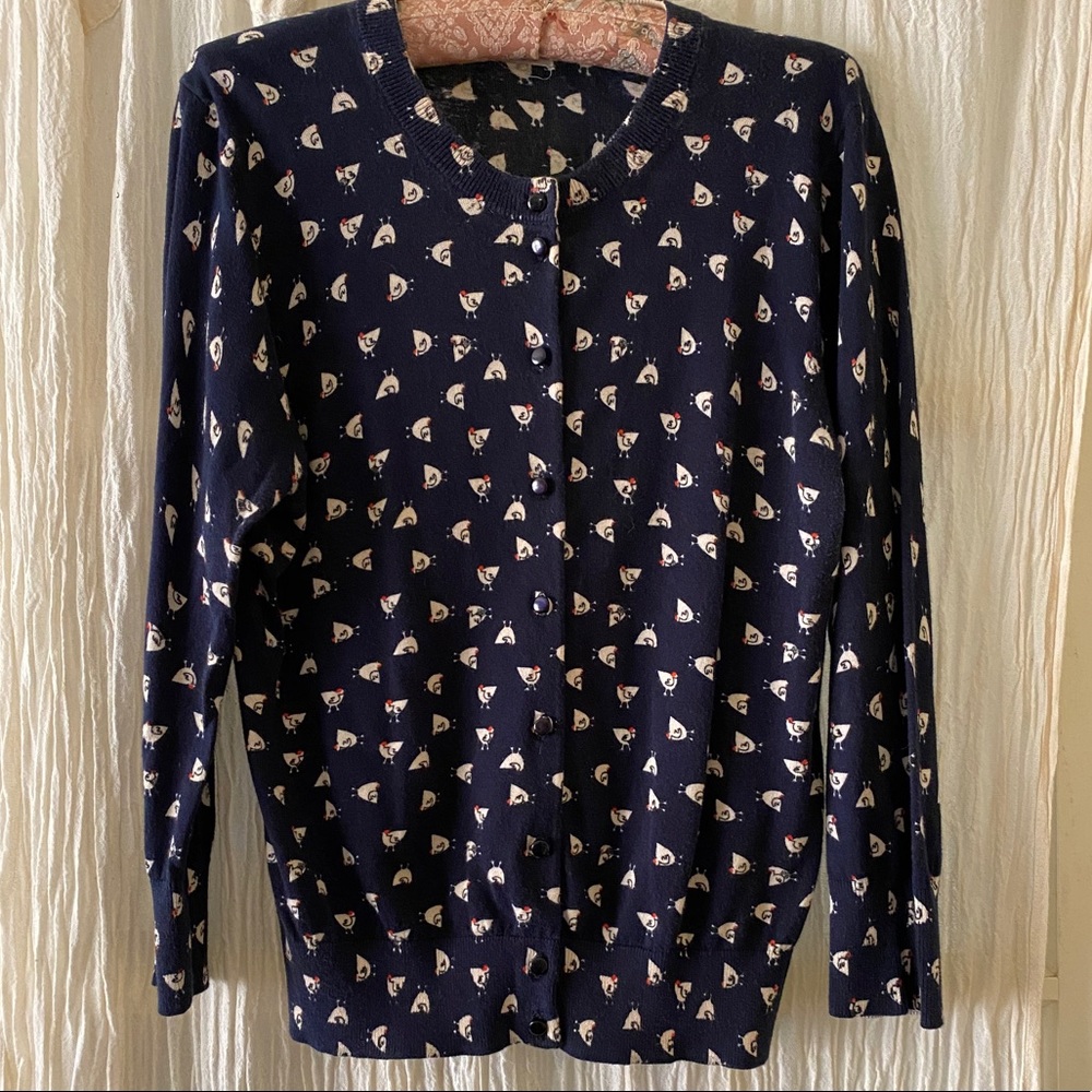 J Crew Cotton Cardigan-Navy Blue W/Chickens-L/XL